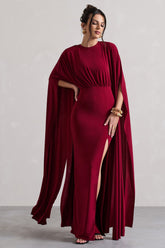 Berry Cape Sleeve Split Maxi Dress